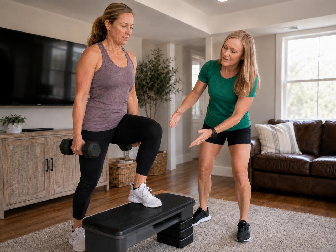 Jenelle coaching a 40-something client through weighted step-ups