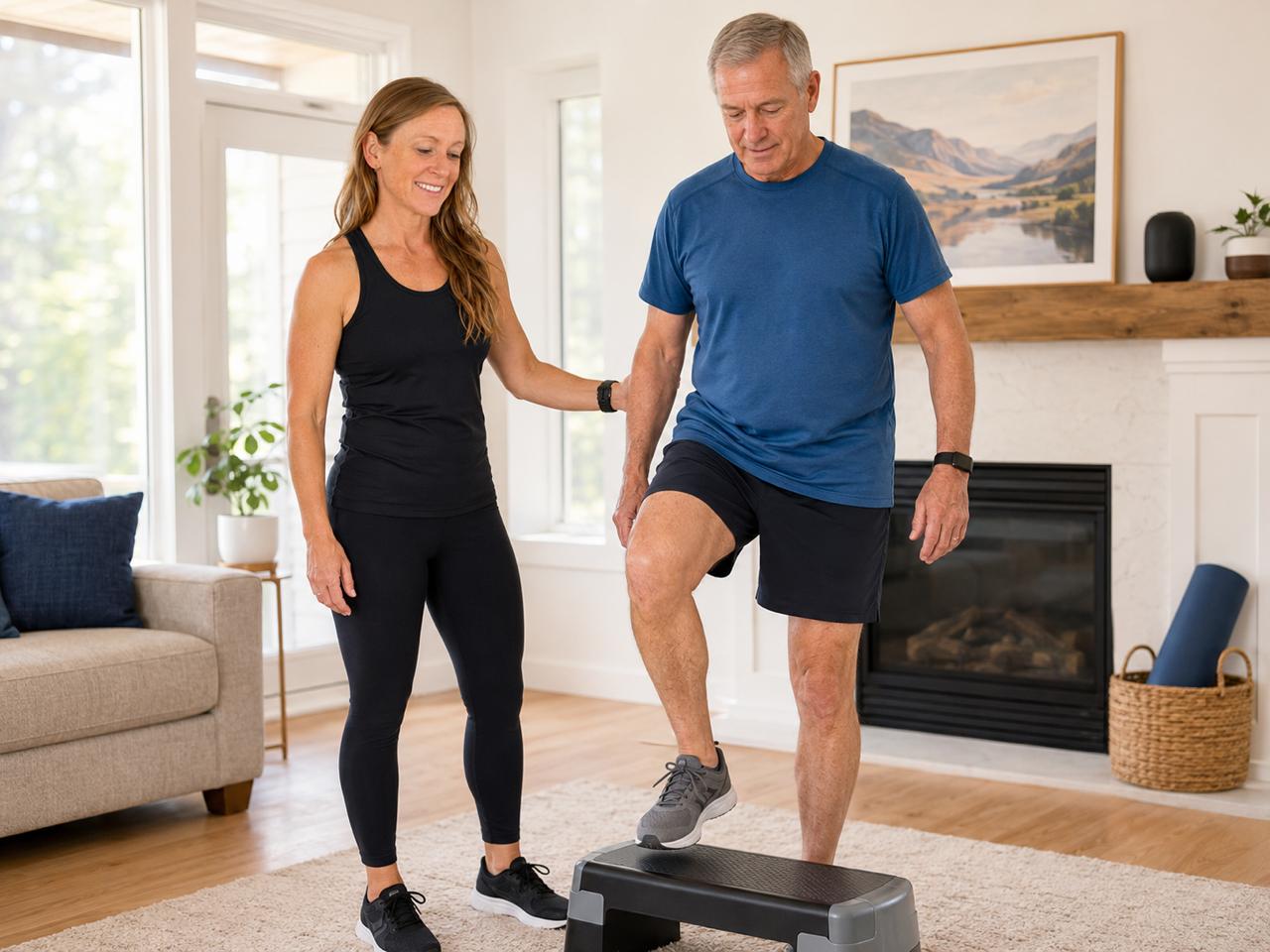 Jenelle coaching a client through step-ups for balance